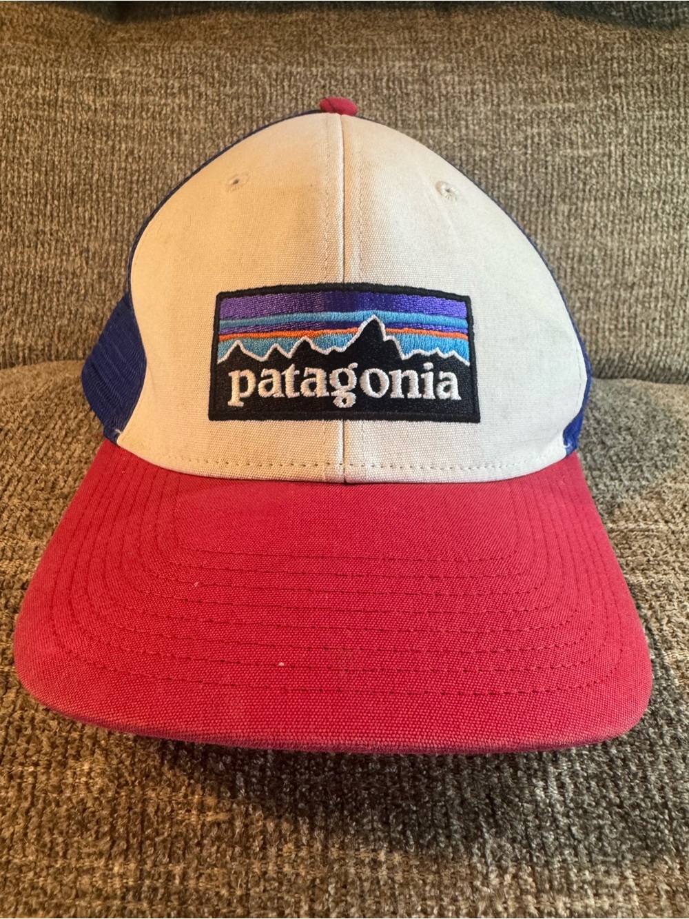 Classic Patagonia P-6 Logo Trucker Hat in a distinct tri-color Red/White/Blue